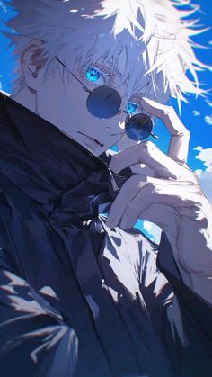 an anime character with blue eyes talking on a cell phone in front of the sky