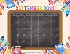 September 2024 monthly calendar free printable with back to school theme background School Calendar