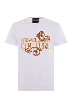 100% Cotton Designer Fitted T-shirt With Graphic Print, Luxury Fitted T-shirt For Summer, Luxury Fitted Tops With Logo Print, Versace Logo, Gold Baroque, Armani Exchange Men, Italian Outfits, Valentino Bags, Versace Jeans Couture