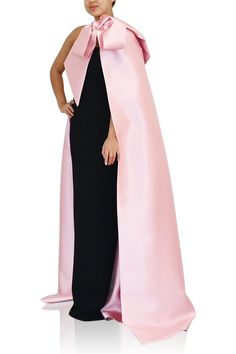 From Greta Constantine, the LEYA gown. This elegant black column gown features a rose pink caplet detailing. Dramatic and beautiful! Capelet: 51% Silk, 49% Wool, Dress: 68% Polyamide, 32% Elastane, Lining: 100% Silk *Note that made-to-order pieces take 22 - 26 weeks to ship. Greta Constantine, Tie Up Shirt, Pink Sash, Dramatic Sleeves, Perfect Cocktail Dress, Voile Dress, Blue Sequin Dress, Evening Gowns Elegant, Column Gown