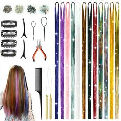 Hair tinsel kit with Tools: You will receive 12 different colors of braids and various accessories: 1 wooden crochet hook, 1 red pliers, 1 comb, 1 hair piercer, 2 hairpins, 2 hair clips, 4 BB clips, 1 pack of colored rubber bands, and 3 packs of miniature silicone chain beads (black, beige, and brown). Various colors of hair: Our hair comes in 12 different colors: dark purple, light purple, fantasy pink, white, silver, coffee, black, light pink, tri color, rainbow, gold, star gold. Whether atten Tinsel Hair Extensions, Tinsel Hair, Wooden Crochet Hooks, Feather Extensions, Feather Hair Extensions, Hair Tinsel, Birthday Hairstyles, Fairy Hair, Tools For Women