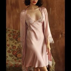 Satin Lace Chemise With Adjustable Straps And Robe Import Feminine Pink Night Sets, Feminine Pink Nightwear Sets, Feminine Pink Sets For Wedding Night, Satin Pajama Pants, Affordable Lingerie, Satin Pj Set, Lace Chemise, Lingerie Party, Satin Pyjama Set