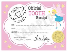 a tooth fairy certificate with the words tooth fairy on it