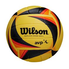 a yellow and black soccer ball with the word wilson on it's front side