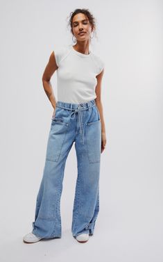 Free People's CRVY Outlaw Wide-Leg Jeans in the color Drizzle Burlington Vt, Flattering Pants, Indian Photoshoot, Sporty Sneakers, Utility Pockets, Off Duty, Fit In, Summer Sale, Wide Leg Jeans