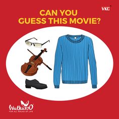 a blue sweater, black shoes and a violin on a red background with the words can you guess this movie?