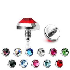 six different colored jeweled screws are shown in various colors and sizes on a white background