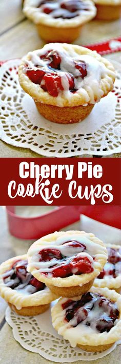 cherry pie cookie cups on a plate with the words cherry pie cookies above it and below