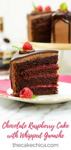 a slice of chocolate raspberry cake on a plate