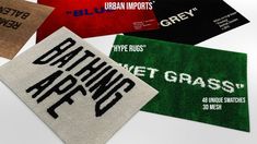 five different types of labels on white paper with black and red lettering that read, bating grass