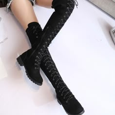 Brown and Black Lace up Thigh High Boots on Storenvy Black Knee-high Lace-up Boots For Winter, Black Thigh High Suede Boots, Black Suede Thigh High Boots, Thigh High Combat Boots, High Combat Boots, Boots Low Heel, Pretty Shoes, Edgy Outfits, Fashion Shop