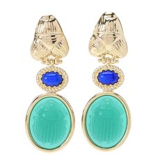 Frame your face in beautiful style with these Tagliamonte drop earrings. Each features a 20x16mm oval, carved green agate cameo depicting a scarab. Above the cameo is a vibrant 7x5mm lapis cabochon. Measuring nearly 2", the pair is finely crafted in 18K yellow gold plated sterling silver. You'll love the gorgeous color and style on your lobes. All of the compliments you'll receive are nice, as well. Elegant Green Oval Clip-on Earrings, Earring Frame, Green Agate, Beautiful Style, Gold Plated Sterling Silver, Jewelry Plate, Agate, 18k Gold, Gold Plate