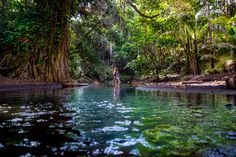 a woman standing in the middle of a river surrounded by lush green trees and foliage