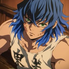 an anime character with blue hair and green eyes