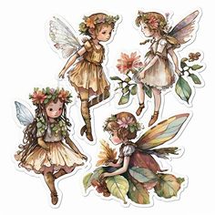 four fairy stickers with flowers and leaves on them