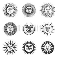 six sun and moon designs in black and white on a white background, each with different faces