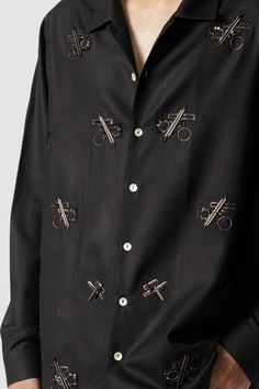 Oversized full sleeve shirt in black cotton with tone on tone geometric hand embroidery in silver and black on the front. Fit: Comfort fitColor: BlackFabric: Cotton Oversized Shirt For Men, Geometric Hand Embroidery, Oversized Shirt Men, Full Sleeve Shirt, Stylish Men Casual, Shirts Black, Shirt Embroidery, Tone On Tone, Embroidery Fashion