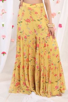 Shop for Esha Koul Yellow Georgette Floral Print Sharara Set for Women Online at Aza Fashions Floral Print Sharara, Pleated Dupatta, Mustard Blouse, Printed Sharara, Suit Ideas, Potli Bag, Sharara Set, Organza Dupatta, Floral Motifs