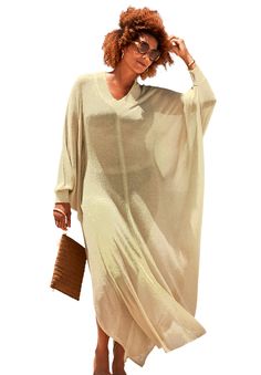 Throw on our long v-neck caftan and head to the sunset party! Long blouson sleevesWide cuffsShimmer fabric 72%Viscose/18% PolyesterSizes 4-26Hand wash with mild soap. Hang dry; avoid dryer.Imported  | Plus Size Women's Long V-Neck Shimmer Caftan Tunic Cover Up by Swimsuits For All in Glisten Lurex (Size 10/12) Summer V-neck Kaftan For Party, Oversized V-neck Spring Cover-up, Oversized V-neck Beachwear Cover-up, Summer V-neck Kaftan For Beach Season, V-neck Beach Season Party Cover-up, V-neck Summer Kaftan For Parties, V-neck Kaftan For Vacation, Oversized V-neck Maxi Dress For Vacation, Spring V-neck Cover-up