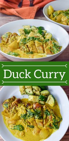 two white plates filled with food and the words duck curry on top of each plate