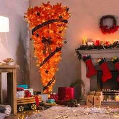 a living room decorated for christmas with stockings and stocking