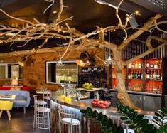 the bar is decorated with branches and lights