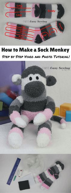 the sock monkey has been made with yarn