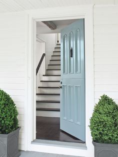 an open door leading to a set of stairs and potted plants in front of it