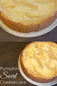 two different views of a pumpkin cheesecake on a plate with the same cake crust