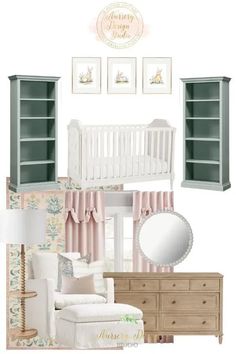 a baby's nursery room with furniture and decor in pastel colors, including green bookshelves