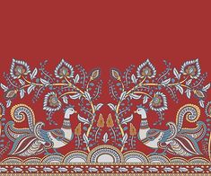 a red and blue paisley border with two birds in the center on a red background