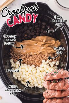 the ingredients for a crockpot candy recipe are shown in this graphic above it's description