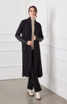 Serve up sophisticated style in this soft knit duster fashioned in an outfit-framing silhouette with faux-leather sleeve patches. 43 1/2" length (size Medium) Open front Long sleeves Shell is 44% rayon, 35% polyester, 19% nylon; contrast 1 is 100% polyester; contrast 2 is 92% rayon, 8% spandex Hand wash, dry flat Made in the USA of imported fabric Knit Duster, Jumpsuit And Blazer, Karen Kane, Short Sleeve Cardigan, Curvy Dress, Leather Sleeve, Leather Patches, Fall Wardrobe, Blazer Coat