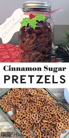 cinnamon sugar pretzels in a glass jar