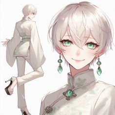 an anime character with short hair and green eyes wearing white clothes, high heeled shoes