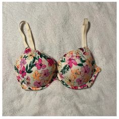 Vs Pink Bra. Size 36d. Brand New Never Worn In Excellent Condition!! Floral Print Underwire Bra For Beach, Floral Print Underwire Bra, White Push-up Swimwear For Beach, Spring Beach Push-up Bra, Summer White Partially Lined Bra, Spring Floral Print Push-up Bra, White Push-up Bra For Summer, Vs Pink Bras, Sleep Wear