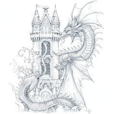 a drawing of a dragon with a castle in the background