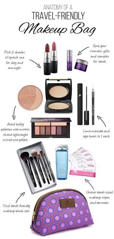 the contents of a travel - friendly makeup bag are shown in this info sheet, which includes