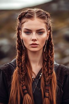 A braided crown is a gorgeous and whimsical hairstyle that gives a regal touch to your homecoming look. To create this style, part your hair down the middle and braid two sections on each side of your head. Wrap each braid around the crown of your head and pin them in place. This hairstyle works best on medium to long hair and gives off a romantic, boho vibe that’s perfect for homecoming. Women Viking Hair Wedding, Viking Braids Half Up Half Down, Viking Braided Hairstyles For Women, Modern Viking Hairstyles Women, Viking Half Up Hair, Viking Braid Wedding Hair, Braided Medium Length Hair, Women Viking Braids, Vikings Braids Hairstyles