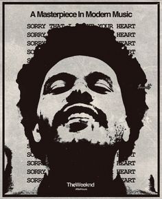 a poster with an image of a man's face and words in the background