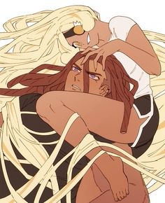 two anime characters hugging each other with long blonde hair on their heads and eyes closed