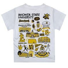 Let your kiddo look cool in his new Vive La Fete Impressions hand sketched artwork boys tee shirt. Let him play, go to the game, and cheer loudly and proudly with his Wichita State University Shockers gear by Vive La Fete.Celebrate and cheer on game day with our classic design Wichita State University Shockers Short Overstitched Crew Neck Sleeve Top. Officially Licensed product sold by Vive La Fete.This awesome graphics, fun and game day crew neck t-shirt features officially licensed Wichita Sta Yellow School Spirit Graphic Print Top, Yellow Graphic Print Top For School Spirit, School Graphic Tee Shirt With Graphic Print, Graphic Tee Shirt For School With Graphic Print, Graphic Tee With Graphic Print For School, Graphic Print Tee For School, Graphic Tee With Print For School, Graphic Print Graphic Tee For School, School Spirit Graphic Print Shirt For Streetwear