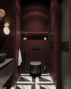 a bathroom with a black and white checkerboard floor, dark red walls and cabinets