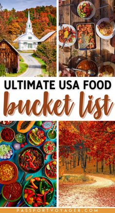 the ultimate usa food bucket list with pictures of different foods and places to eat in it