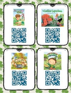 four clover themed coasters with pictures of children's books and shamrock leaves on them