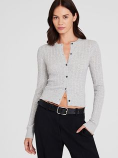 Made from 100% cashmere, our timeless cable-knit cardigan is designed for a close, modern fit and is finished with ribbed trims. Wear it as a top or layer it over the matching Cashmere Mini Cable Shell or Cashmere Mini Short-Sleeve Sweater. Cable Cardigan, Cashmere Sweater Women, Mini Short, Mother Denim, Cable Knit Cardigan, Blazer And Shorts, Back Women, Summer Fabrics, Club Monaco