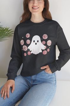 Cute disco Halloween shirt with pink disco balls and dancing ghost Spooky Black T-shirt For Winter, Black Halloween Graphic Print Sweatshirt, Spooky Black Halloween Sweatshirt, Black Halloween Sweatshirt With Crew Neck, Black Crew Neck Halloween Sweatshirt, Fun Black Sweatshirt With Graphic Print, Black Crew Neck Sweatshirt For Halloween, Funny Halloween Graphic Print Sweatshirt, Halloween Graphic Print Sweatshirt