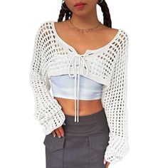 Elevate your outfit with our Women¡¯s Crochet Bolero Tie Front Sweater, a stylish and versatile extra cropped layer that adds a touch of charm to any ensemble. Perfect for layering over dresses, tops, or tanks, this cardigan is designed to enhance your wardrobe while keeping you cozy and chic. Crafted from 100% acrylic, this bolero offers a soft and lightweight feel, ensuring comfort without compromising style. The crochet knit design adds a unique texture, making it a standout piece that's perf White Open Knit Cropped Sweater For Summer, Trendy White Open Knit Sweater, White Shrug Crochet, Trendy White Cropped Cardigan, White Open Knit Cropped Sweater, Tie Front Sweater, Crochet Bolero, Womens Crewneck, White Cardigan