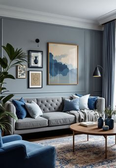 Grey Couch Living Room Grey Couch And Blue Pillows, Dark Grey Couch Living Room Blue Accents, Blue Walls Gray Couch, Colours That Go With Light Grey Sofa, Dusty Blue And Grey Living Room, Blue And Grey Couch Living Room, Modern Abstract Living Room, Gray Blue Sofa Living Room, Dark Blue Grey And White Living Room