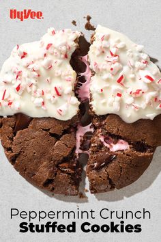 an advertisement for peppermint crunch stuffed cookies